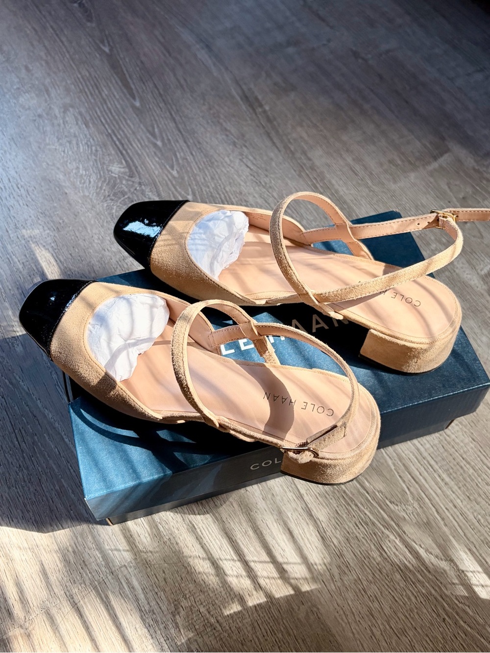 Cole Haan Two-Tone Slingback Flats in Beige Suede and Black